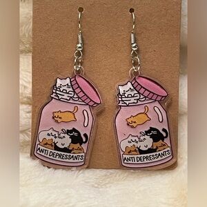 Cat Pink Jar Antidepressants Earrings NWT